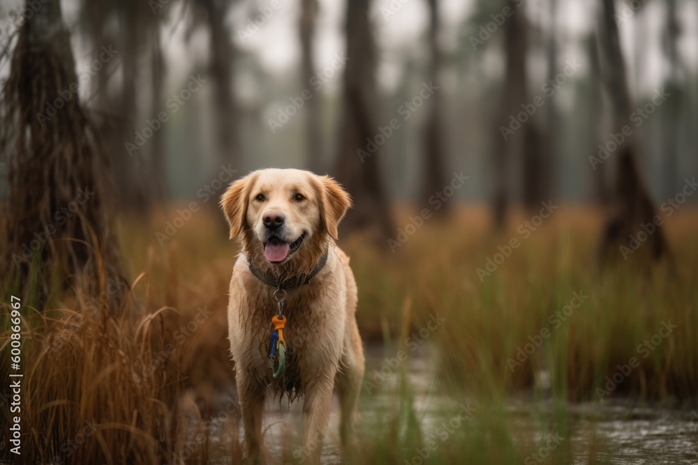 Environmental portrait photography of an aggressive golden retriever holding a leash in its mouth against swamps and bayous background. With generative AI technology