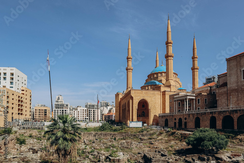 Beirut, Lebanon — 24.04.2023: The Mohammad Al-Amin Mosque, a Sunni Muslim mosque located near the Roman Ruins in the center of Beirut photo