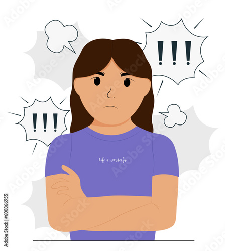 A young girl in a purple T-shirt is angry. Rage. Anger. Resentment. There are outbursts of anger in the background. Vector flat illustration