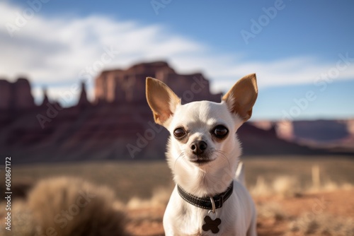 Environmental portrait photography of a happy chihuahua being in front of a famous landmark against tundra landscapes background. With generative AI technology © Markus Schröder