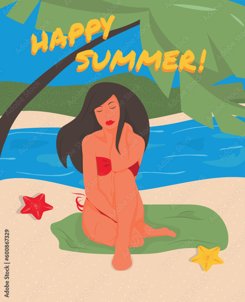 Beautiful girl relaxing on the beach. Summer vacation. Seaside, palm and starfish. Banner, poster, card. Vector illustration