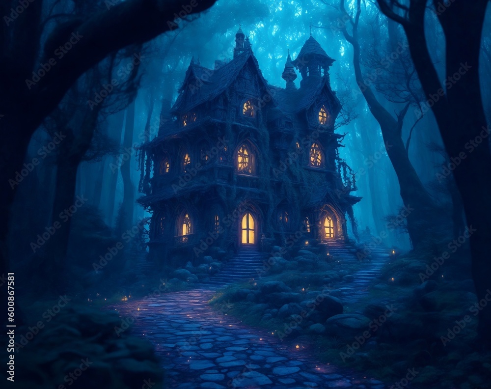 Fototapeta premium Fantasy haunted house in forest digital art. Generative AI