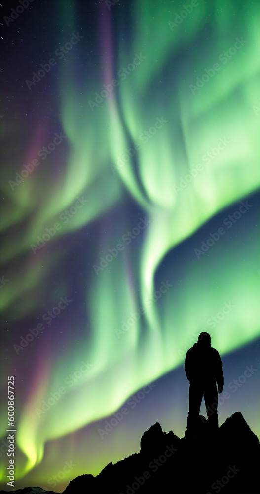silhouette of Person gazing up at the stunning Aurora Borealis, with its vibrant and colorful hues casting an enchanting glow over the serene landscape below. Generative AI