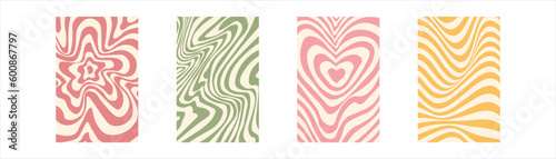 Groovy hippie 70s backgrounds. Waves, swirl, twirl pattern with heart, daisy, flower. Twisted and distorted vector texture in trendy retro psychedelic style. Y2k aesthetic