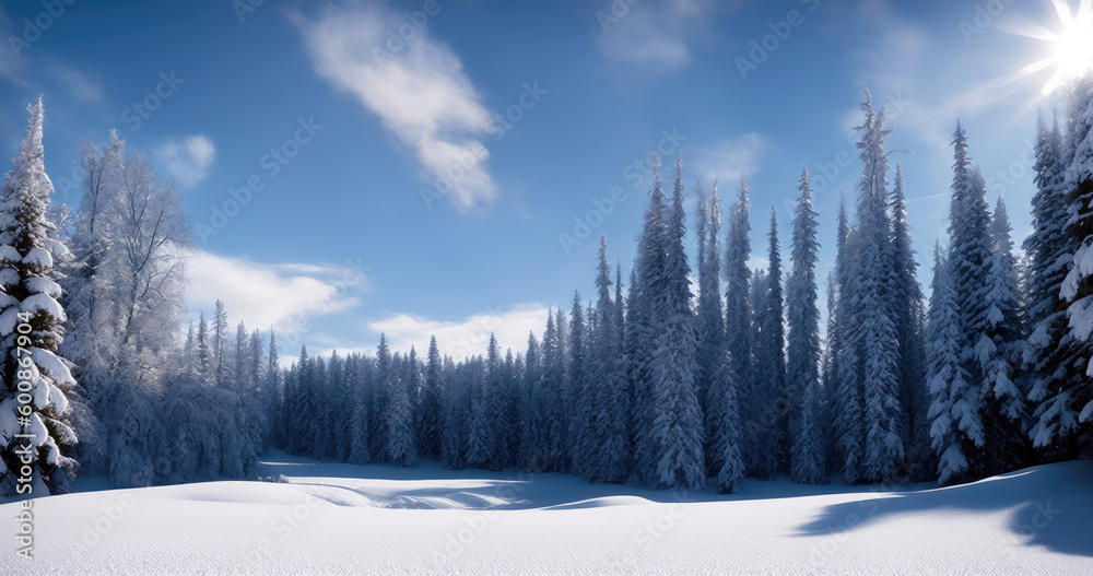 A captivating scene of a snow-covered forest, with the pine trees standing tall against the white snow, and the crisp winter air creating a sense of freshness. Generative AI