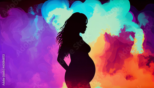 Pregnant woman silhouette on vibrant colourful background. Happy Mothers Day Concept. Moms Day. Womens Day Concept. Ai generated image