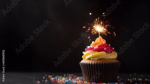 Celebration birthday cupcake with a dark background.generative ai