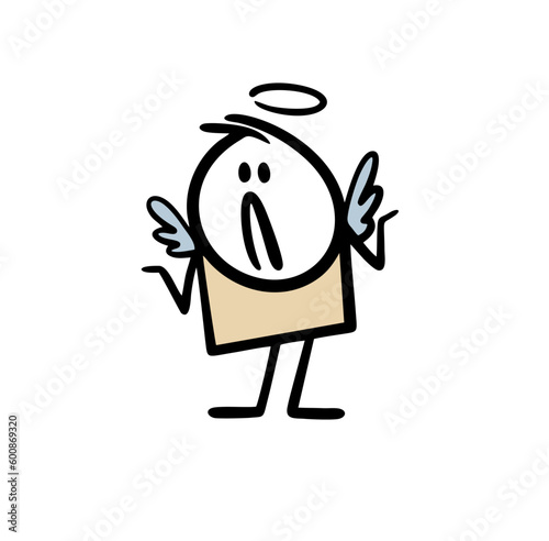 Hand drawn cartoon angel in paradise with wings spreads his hands in confusion. Vector illustration of a sad cupid.