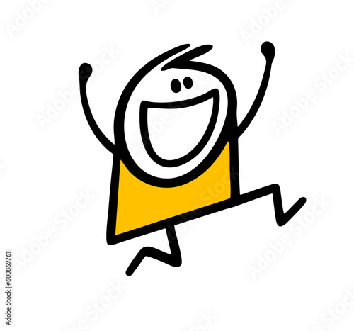 Happy stick figure boy runs and jumps in positive good mood with rising hands.