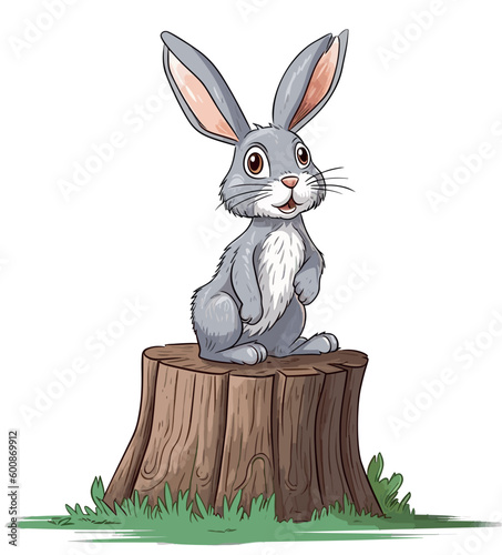 Illustration of a bunny sitting on the stump in the bushes and wild herbs. Piccture of a wild animal in its own habitat. Children illustration. created with Generative AI technology photo