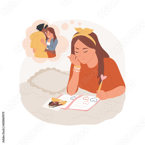 Writing a diary isolated cartoon vector illustration. Teen in love with a boy keeps diary, girl drawing hearts, teenager lifestyle, dreaming about romantic relationship vector cartoon.