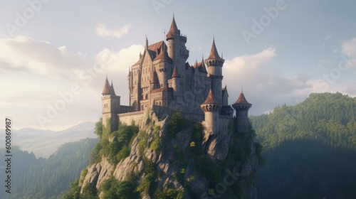 Panoramic view of medieval castle in the mountains. Generative AI