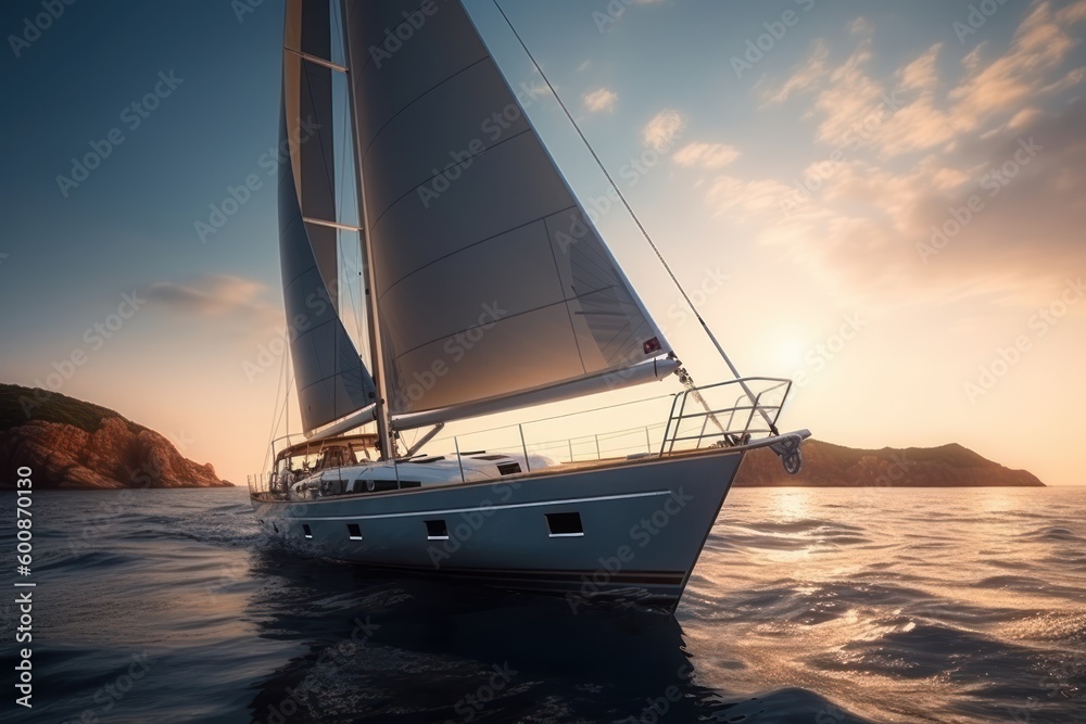 Sailing yacht in the sea at sunset. Generative AI - obrazy, fototapety, plakaty 