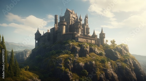 Fantastic view of the famous castle on the rock in the mountains, Generative AI