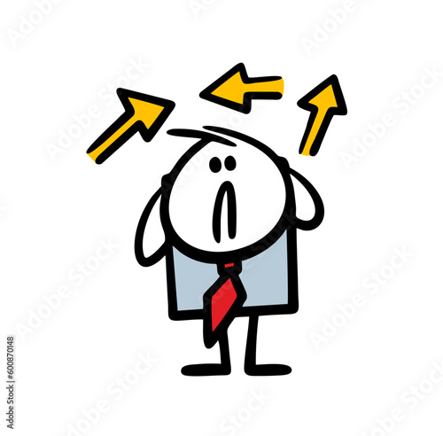Confused businessman clutched his head in horror and does not know which way to choose according to the arrows in different directions.