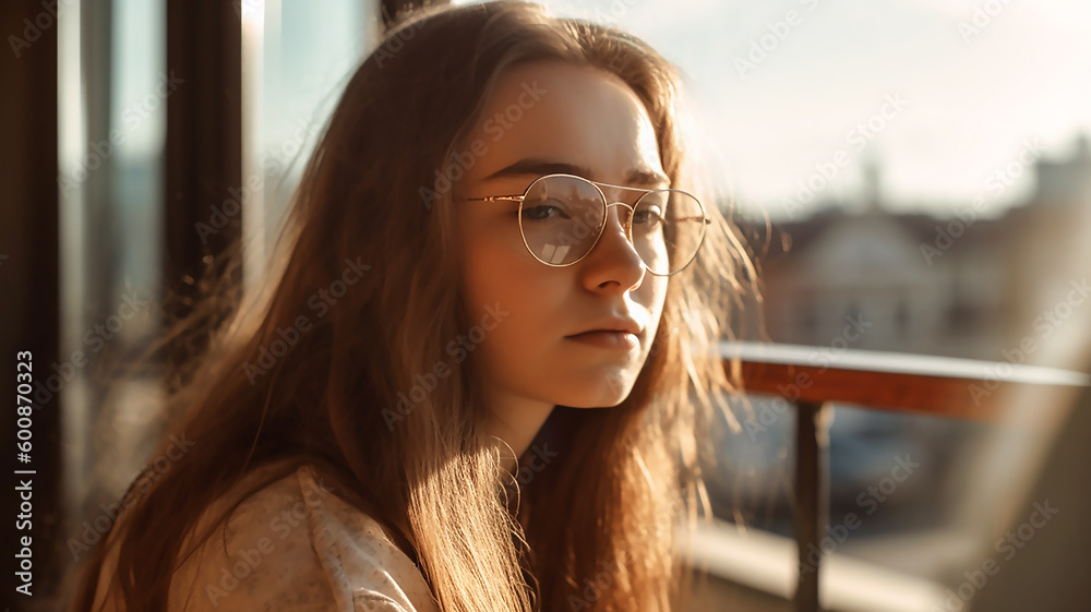 relaxing image of girl close-up under sun's rays. Stands on balcony, generative AI tools relaxing image of girl close-up under sun's rays. Stands on balcony, generative AI tools