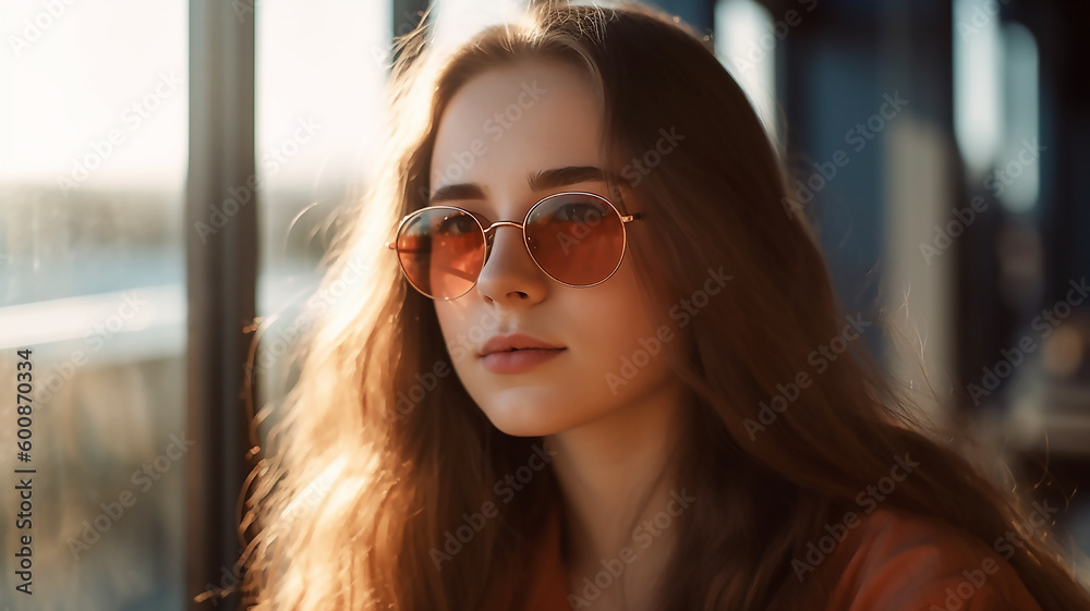 relaxing image of girl close-up under sun's rays. Stands on balcony, generative AI tools   