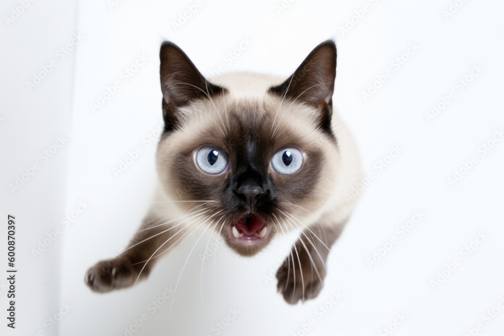 Conceptual portrait photography of a scared siamese cat hopping against a white background. With generative AI technology