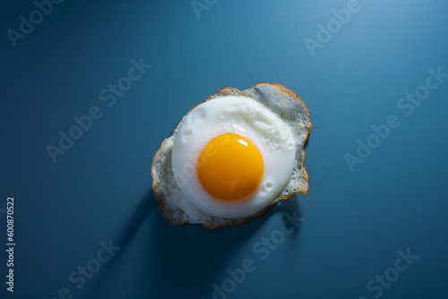 Top view of fried egg on blue background illustration. Generative AI illustration photo