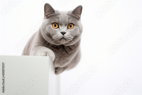 Medium shot portrait photography of a happy british shorthair cat climbing against a white background. With generative AI technology