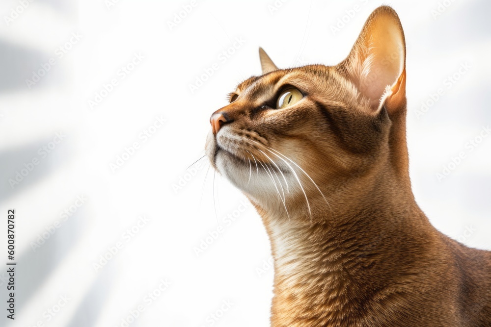 Medium shot portrait photography of a curious abyssinian cat back-arching against a white background. With generative AI technology