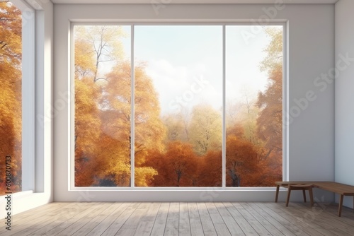 interior with large window and autumn landscape, Generative AI illustration