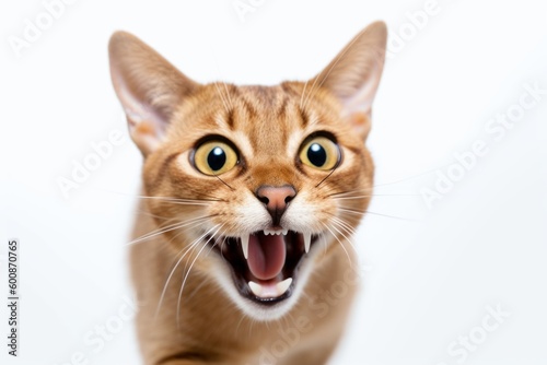 Headshot portrait photography of a happy abyssinian cat sprinting against a white background. With generative AI technology