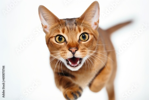 Headshot portrait photography of a happy abyssinian cat sprinting against a white background. With generative AI technology