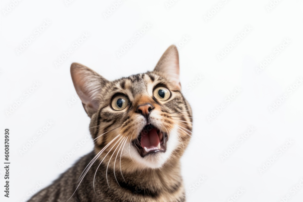 Lifestyle portrait photography of a curious tabby cat meowing against a white background. With generative AI technology