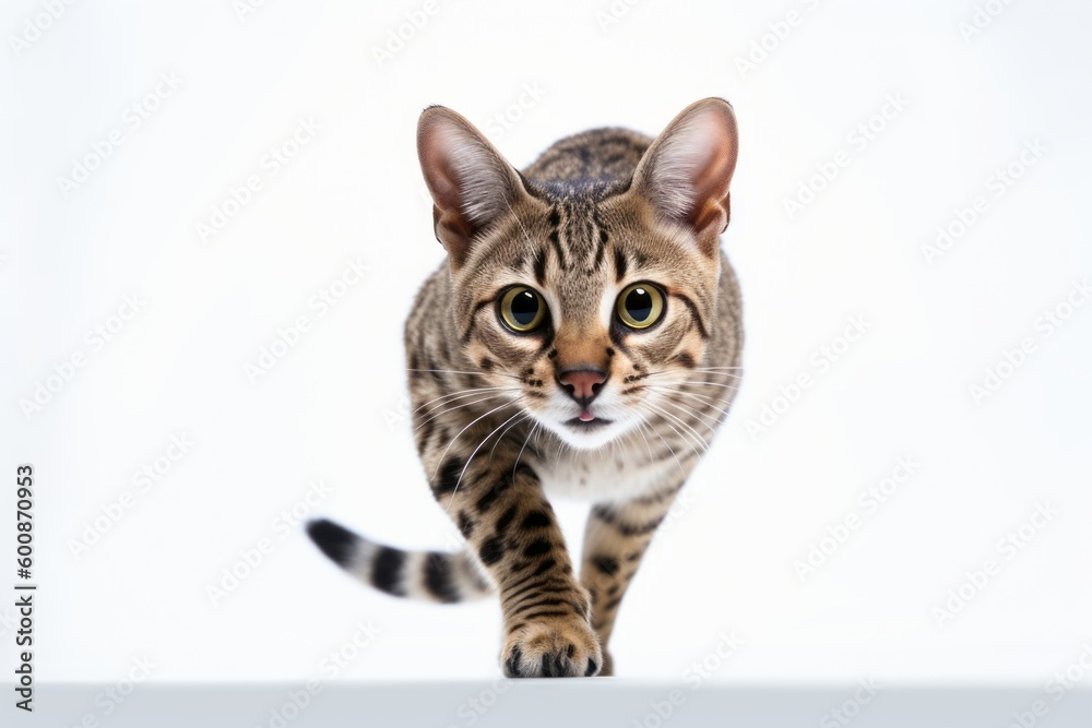 Environmental portrait photography of a curious savannah cat sprinting against a white background. With generative AI technology