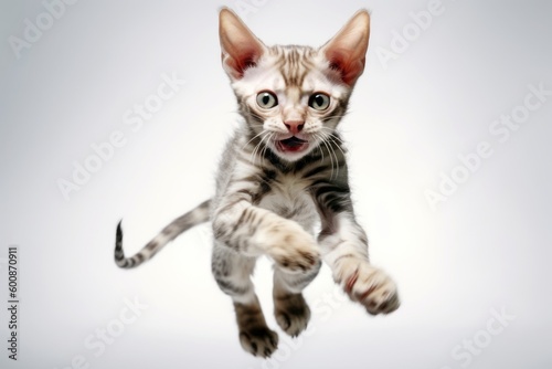 Full-length portrait photography of a smiling devon rex cat sprinting against a white background. With generative AI technology