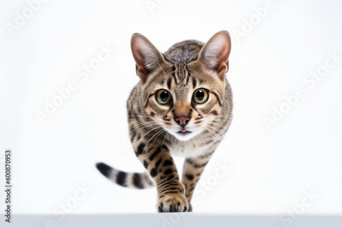 Environmental portrait photography of a curious savannah cat sprinting against a white background. With generative AI technology