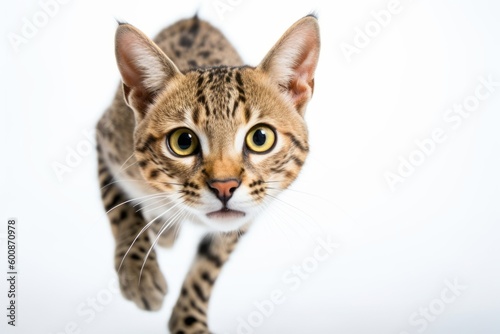 Environmental portrait photography of a curious savannah cat sprinting against a white background. With generative AI technology