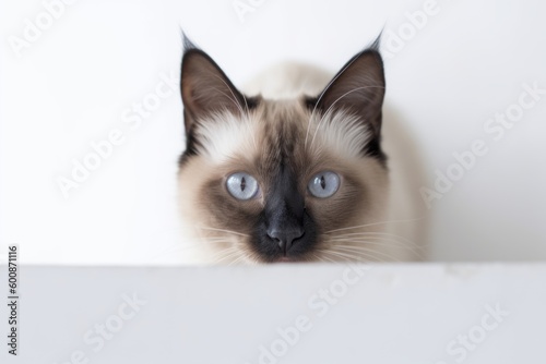 Environmental portrait photography of a scared balinese cat climbing against a white background. With generative AI technology