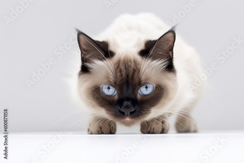 Conceptual portrait photography of a scared balinese cat crouching against a white background. With generative AI technology