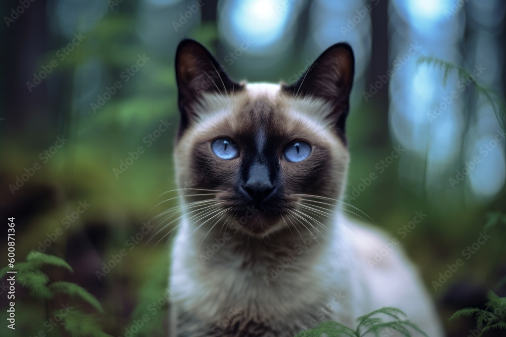 Medium shot portrait photography of a tired siamese cat exploring against a forest background. With generative AI technology