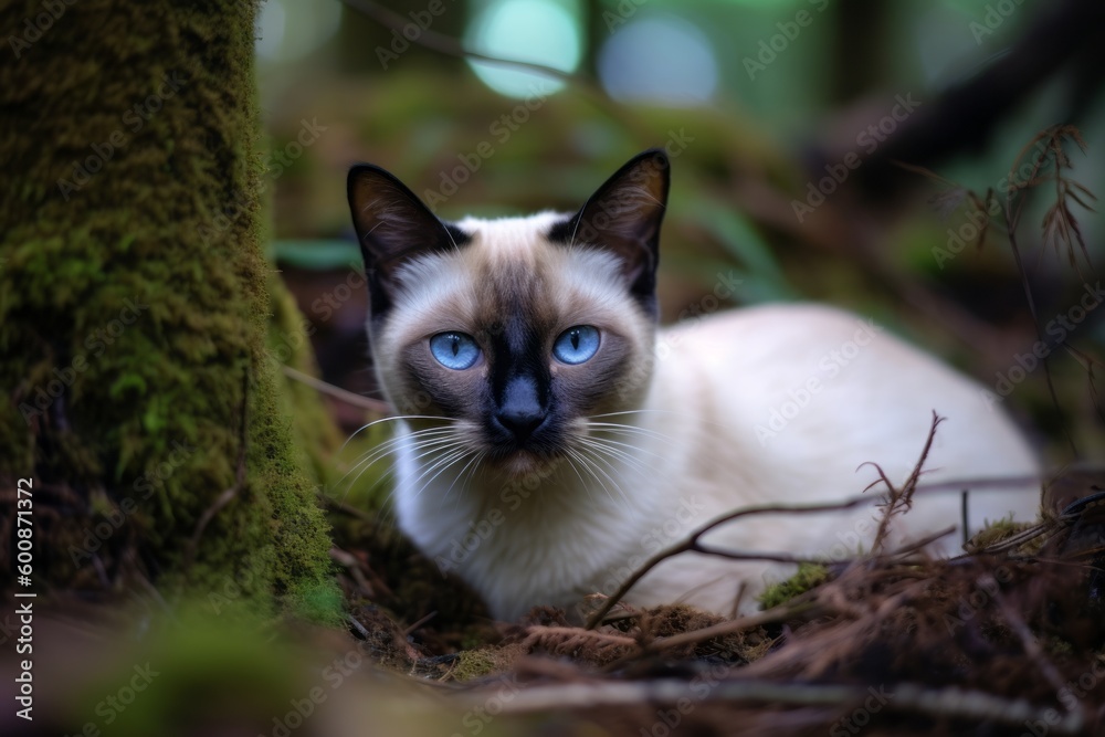 Medium shot portrait photography of a tired siamese cat exploring against a forest background. With generative AI technology