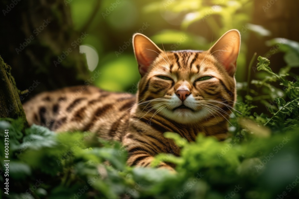 Lifestyle portrait photography of a smiling bengal cat sleeping against a forest background. With generative AI technology