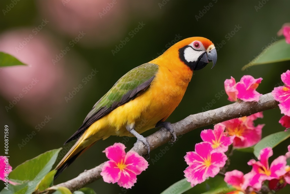 Sun conure parrots perching on a branch with tropical leaves everywhere in a tropical rainforest. Wildlife concept of ecological environment. Generative AI Sun conure parrots perching on a branch with tropical leaves everywhere in a tropical rainforest. Wildlife concept of ecological environment. Generative AI