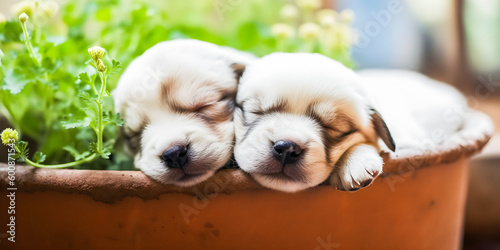 Cute puppies sleeping in a ceramic pot, adorable animals, dream atmosphere, soft focus - generative AI