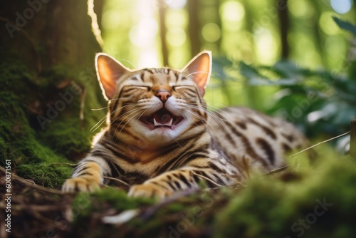 Lifestyle portrait photography of a smiling bengal cat sleeping against a forest background. With generative AI technology