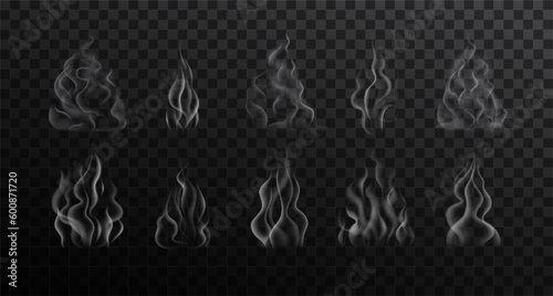 Pack of realistic food and drink smoke effect. Vector illustration with white different steam isolated on transparent background © Picture Store