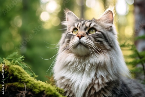 Headshot portrait photography of a happy siberian cat playing against a forest background. With generative AI technology