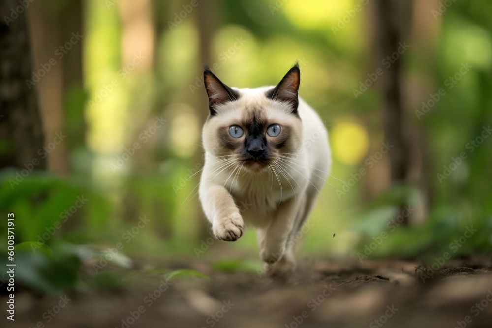 Environmental portrait photography of a curious balinese cat sprinting against a forest background. With generative AI technology Environmental portrait photography of a curious balinese cat sprinting against a forest background. With generative AI technology