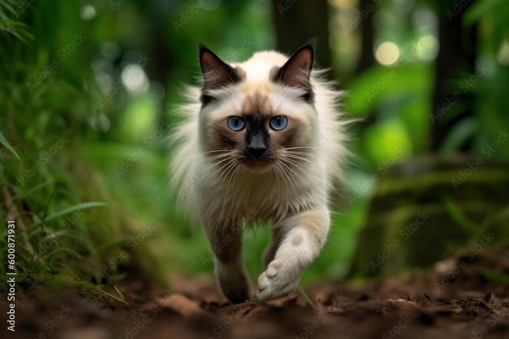 Environmental portrait photography of a curious balinese cat sprinting against a forest background. With generative AI technology