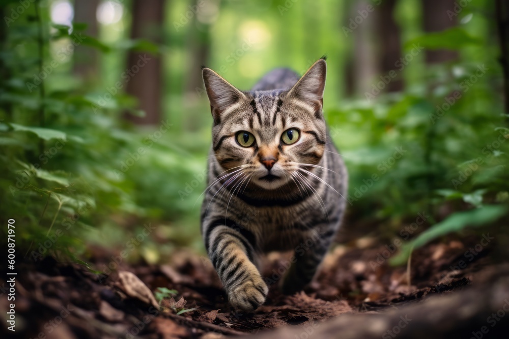 Medium shot portrait photography of a curious american shorthair cat pouncing against a forest background. With generative AI technology