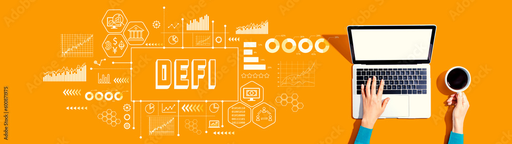DeFi - Decentralized Finance theme with person using a laptop computer DeFi - Decentralized Finance theme with person using a laptop computer
