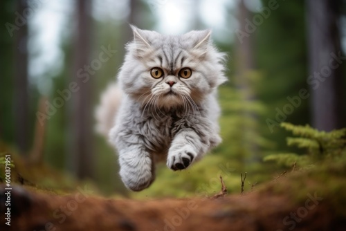 Medium shot portrait photography of a bored selkirk rex cat hopping against a forest background. With generative AI technology
