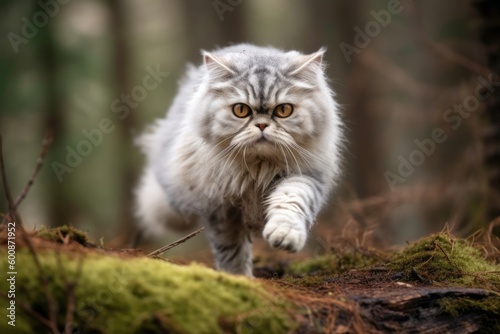 Medium shot portrait photography of a bored selkirk rex cat hopping against a forest background. With generative AI technology © Markus Schröder