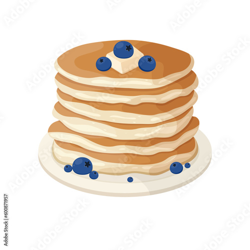 Pancakes with blueberries on the plate. Stacks of tasty pancakes with butter and berries. Breakfast vector illustration